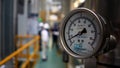 Close up of hydraulic pressure gauge at the factory. Scene. Blurred background with workers in a narrow corridor of a