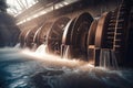 close-up of hydroelectric power plant's water turbines in motion