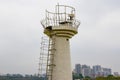 Close-up of a hydrological watch tower by the river