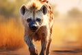 Close up of hyena strolling across field. Generative AI Royalty Free Stock Photo