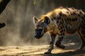 Close up of hyena strolling across field. Generative AI Royalty Free Stock Photo
