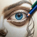 Hyperrealistic blue eye drawing with colored pencils capturing intricate detail and emotion Royalty Free Stock Photo