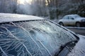 close-up of ice-covered windshield wipers on car