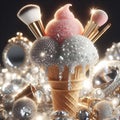 A close-up of an ice cream cone. A ball of white ice cream in a waffle cone in rhinestones. Extravagant bright photo, creative Royalty Free Stock Photo