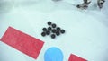 Close-up of ice hockey pucks. Start training for hockey.
