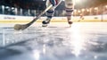 Close up of ice hockey stick on ice rink in position to hit hockey puck. Generative Ai