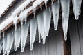 Close-up of icicles on a tin roof