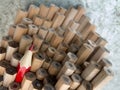 Close up of identical graphite pencils and one different red cr Royalty Free Stock Photo