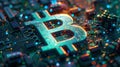 Close-up of illuminated bitcoin symbol on digital circuit board, futuristic cryptocurrency technology concept