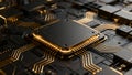 Close-up of a glowing golden circuit board with a central microprocessor showcasing intricate electronic pathways and advanced Royalty Free Stock Photo