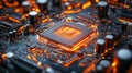 Close-up of an illuminated computer processor on a glowing motherboard, emphasizing technology and innovation
