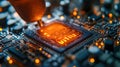 Close-up of an illuminated computer processor on a glowing motherboard, emphasizing technology and innovation
