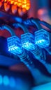 Close-up of illuminated Ethernet cables in data server Royalty Free Stock Photo