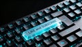 Close-up of illuminated keyboard with glowing keycap featuring text \