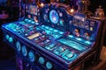 Close Up of Illuminated Machine, An intricate time machine console with numerous levers, buttons, and glowing screens, AI