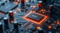 Close-up of illuminated microchip on circuit board