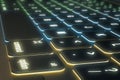 Close up of illuminated neon keyboard. Technology and equipment concept.