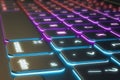 Close up of illuminated neon keyboard. Technology and information concept.