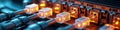 Close-up of illuminated network cables connected to a server panel Royalty Free Stock Photo