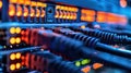 Network Server Room with Ethernet Cables Connected to Ports and Blinking Lights. Royalty Free Stock Photo