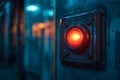 Close-up of illuminated red button on industrial metal panel in dimly lit setting