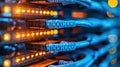 Network Infrastructure: Close Up of Data Center Cables and Flashing Server Lights Royalty Free Stock Photo