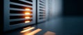 Close-up of illuminated server rack lights in a dark data center environment with blurred background and reflective surface Royalty Free Stock Photo