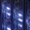 Close-up of illuminated server racks in a modern data center Royalty Free Stock Photo