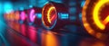 Close-up of illuminated speedometers with neon lights in the background. Futuristic automotive dashboard concept. Design