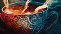 A close-up illustration of a cup of steaming tea with detailed patterns. Royalty Free Stock Photo