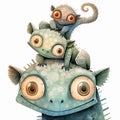 Close-up illustration with cute cartoon monsters heads on white background, illustration for children. Generative AI