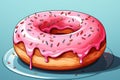 Close up illustration of doughnut with pink icing and sprinkles isolated on blue background