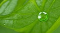 Close-up illustration of a fresh green leaf with dew drops on the leaf. Background. generative AI
