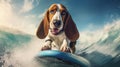 Close-up illustration of a funny smiling Basset hound dog surfing on a sunny day. Adorable concept of summer vacation with pet Royalty Free Stock Photo