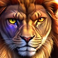 close-up illustration of lion face with beautiful colorful eyes.