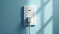 Close-up illustration of white electrical outlet with USB port, connected plug on light blue wall. Soft window light creates Royalty Free Stock Photo