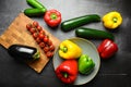 Close-up image of an array of Colorful Mediterranean vegetables zucchinis, tomatoes, sweet peppers Royalty Free Stock Photo