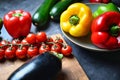 Close-up image of an array of Colorful Mediterranean vegetables zucchinis, tomatoes, sweet peppers Royalty Free Stock Photo