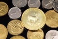 A close up image of an assortment of Israeli coins with a gold South African krugerrand on a black background Royalty Free Stock Photo