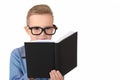 Close up Attractive caucasian schoolboy wearing eyeglasses holding a notebook pen in hands isolated white background Royalty Free Stock Photo