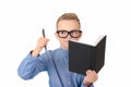 Close up Attractive caucasian schoolboy wearing eyeglasses holding a notebook pen in hands isolated white background Royalty Free Stock Photo