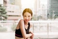 Close up image of attractive sport asian woman,Beautiful female runner standing and smiling Royalty Free Stock Photo