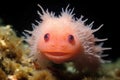 close-up image of an axolotls fluffy external gills