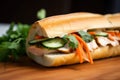 close-up image of a Banh Mi sandwich with a crunchy baguette, tender grilled chicken, pickled carrots and daikon, jalapeno,