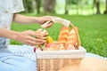 Close-up, A female sits on picnic blanket and holding a dessert pastries wicker basket Royalty Free Stock Photo