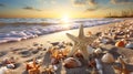 Close-Up Image of a Beautiful Starfish with Seashell on Sandy Beach Captivating Coastal Serenity.