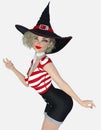 Close up image of a beautiful young blond female witch smiling and dancing on an isolated white background Royalty Free Stock Photo