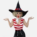 Close up image of a beautiful young blond female witch surprised with her hands up shrugging on an isolated white background Royalty Free Stock Photo