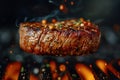 Close-up image of beef medium rare steak slice on a fork on dark background Royalty Free Stock Photo