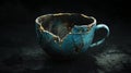 A close-up image of a blue ceramic mug with cracks, showcasing its unique texture and character. Royalty Free Stock Photo